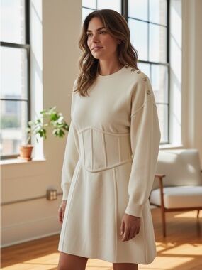 Maje Cream Long-Sleeve Knit Corset Dress with Shoulder Buttons